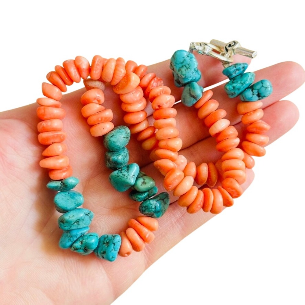 VTG BOHO Blue Turquoise Pink Coral Necklace Stone Beaded Collar Summery 69g 18"
